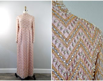 60s 70s Dusty Rose Rhinestone Gown / Art Deco Pink Silver and Gold Pearl Beaded Dress