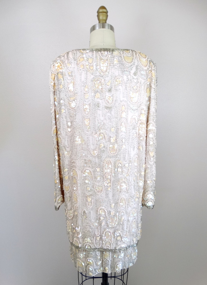 ML Heavy Pearl Beaded Sequin Dress w Overcoat Pastel Pink Silk Iridescent Sequined Dress Mother of the Bride Dress w Long Blazer