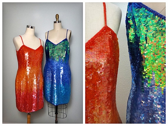 Ombre Sequin Dresses / Chameleon Blue Green and Or