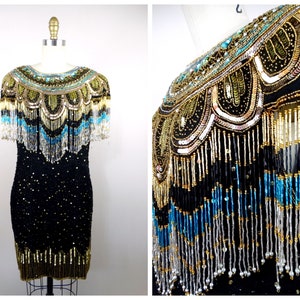 80s Gold Fringed Beaded Sequin Dress // Fringe Gatsby Flapper Dress // Gold Embellished Mini Dress image 1