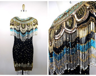 80s Gold Fringed Beaded Sequin Mini Dress / Fringe Gatsby Flapper Dress