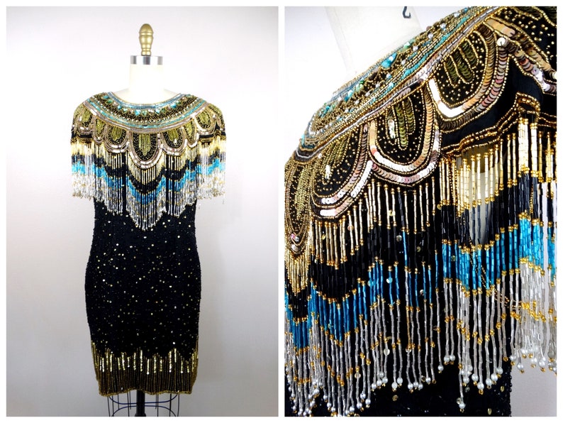 80s Gold Fringed Beaded Sequin Dress // Fringe Gatsby Flapper Dress // Gold Embellished Mini Dress image 1