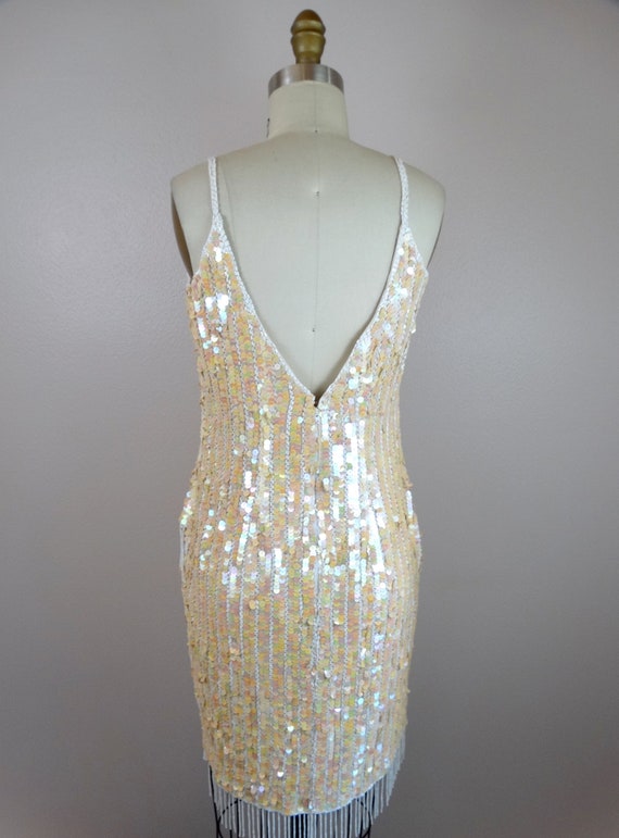 Iridescent Fringe Beaded Sequined Dress • Ivory S… - image 4