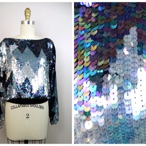 Retro MOD Sequin Dolman Top // Vintage Black Silver and Gray Sequined Long Sleeved Slouchy Oversized Crop Top w/ Stretchy Bottom Hem