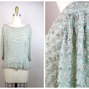 50s 60s Rhinestone Beaded Top / Heavily Embellished Top w/ Pearls