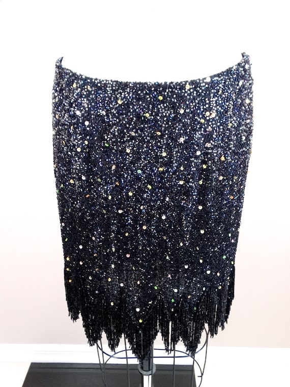 90s Glass Beaded Fringe Sequined Mini Skirt // Fu… - image 2