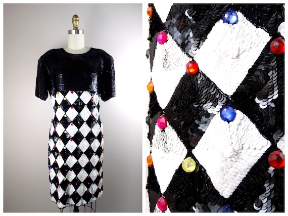 80s Jewel Beaded Sequin Dress / Bejeweled Black a… - image 1
