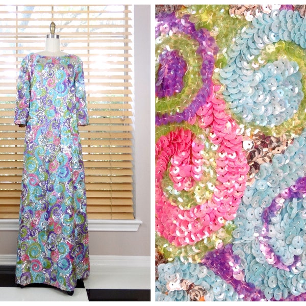 60s Pastel Sequined Gown // Rare Bright Sequin Embellished Full Length Dress // Plus Size Sequin Gown