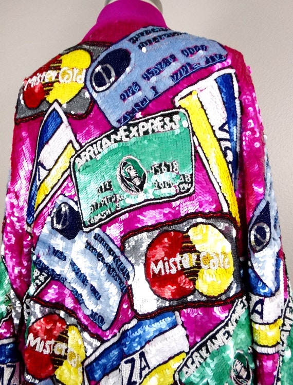 RARE Credit Card Sequin Jacket / Novelty Hot Pink… - image 10