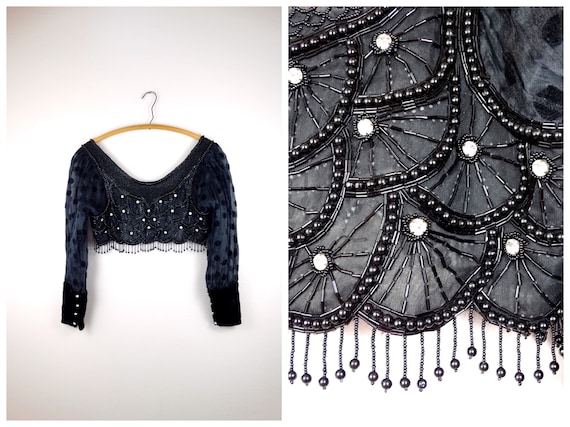 Antique Crystal Beaded Fringe Crop Top / Dressy Vi