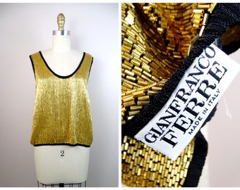 Gianfranco Ferré Couture Beaded Top // Liquid Gold Heavily Embellished Sleeveless Top - made in Italy