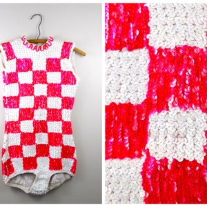 Retro Neon Sequin Burlesque Showgirl / Vintage Fluorescent Pink and White Sequined Cheerleader Uniform / Checkered Sequin Bodysuit Onesie