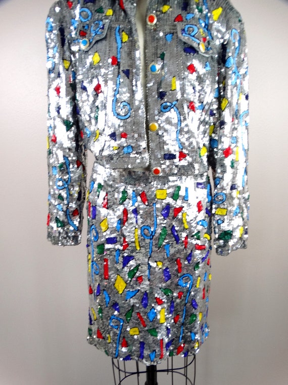 80s Funky Glam Sequin Jacket and Skirt // Mirror … - image 4