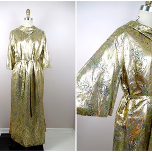 50s Lame Gold Dynasty Gown / 1950s 1960s Metallic Embroidered Hostess Dress w/ Belt