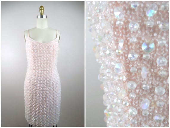 80s Iridescent Jewel Beaded Dress // Pastel Blush… - image 1