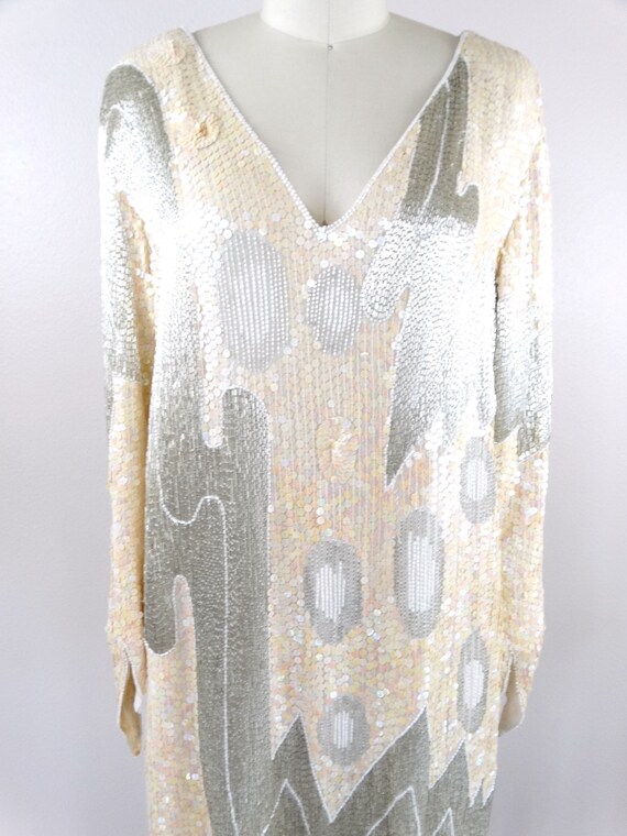 70s Glass Beaded Ivory Sequined Dress // Iridesce… - image 3