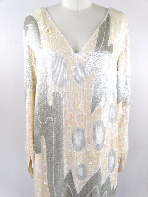 70s 80s Liquid Beaded Ivory Sequin Dress / 1970's… - image 3
