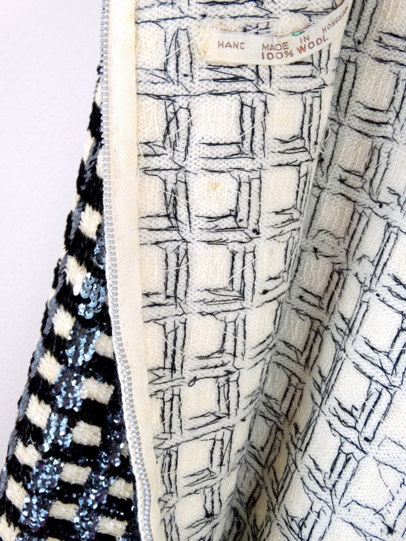 50s 60s Sequin Wool Top / Retro Black & Ivory Che… - image 6