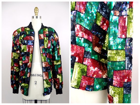 L/XL 80’s Retro Sequin Jacket // Colorful Colorbl… - image 1