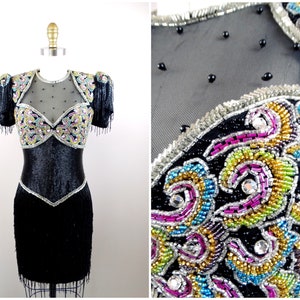 80er 90er Couture Perlenfransenkleid / HEAVILY Perlenbesetztes Couturekleid / Vintage Designer Minikleid / Schweres, voll verziertes Kleid XS