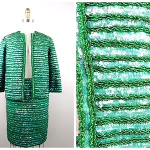 Mid Century Couture Beaded Jacket Top and Mini / 50s 60s Emerald Sequined Dress Suit / Kelly Green Embellished Skirt Set