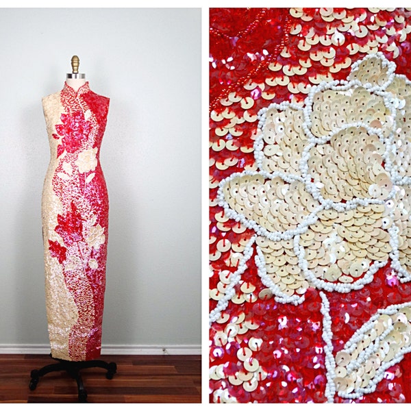 Oriental All Sequin Dress / Mandarin Party Dress / Ivory and Red Sequined Embellished Gown Small