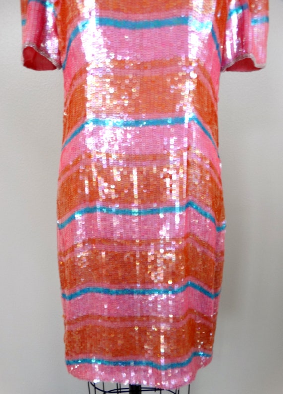 Pink & Orange Sequined Dress // Pastel Sequin Emb… - image 3