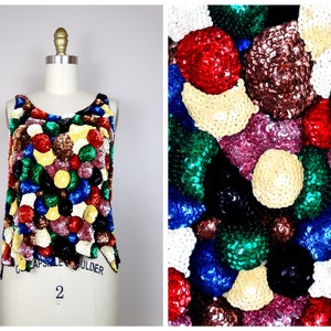 S/M Mosaic Sequined Tank Top // Rainbow Colorful Sequin Crop Top