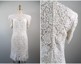 VTG Pearl Beaded Embroidered Mini Dress / White Lace Rhinestone Reception Dress