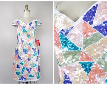 90s Sequin Prom Dress / 1990’s Iridescent Pastel Sequined Embellished Short Formal Party Dress