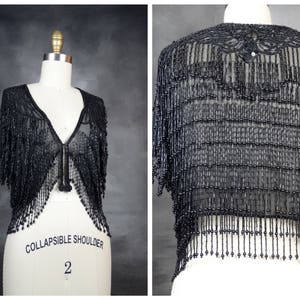 All Fringe Beaded Shrug / Dressy Cocktail Evening Sheer Crop Top / Drop Bead Sequined Bolero O/S