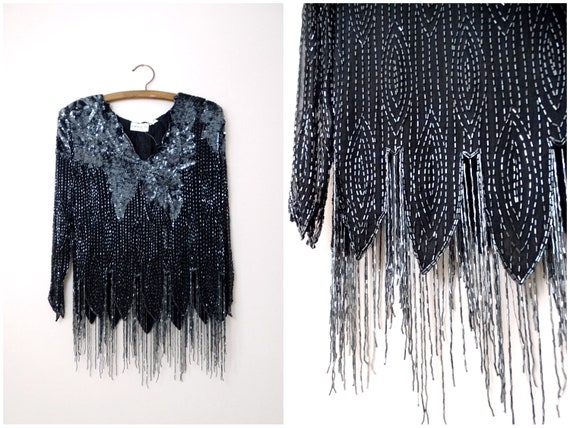 70s Glass Beaded Fringe Top // 1970s 80s Black Fr… - image 1