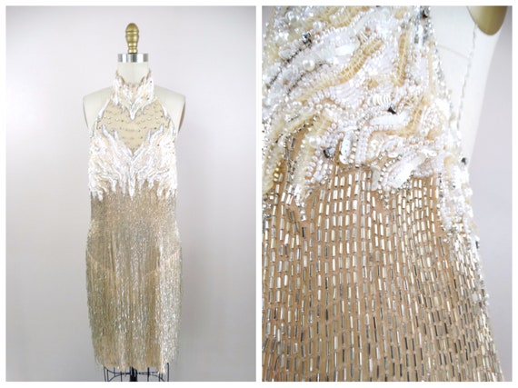 VTG Pearl Beaded Fringed Dress // Heavily Embelli… - image 6