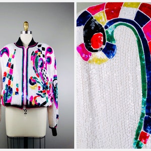 80s Rad Sequin Bomber // 1980&#39;s Vintage Sequined Baseball Jacket // Retro Black and White Checkered Bright Colorful Jacket by Lillie Rubin