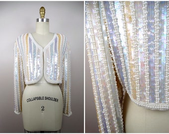 RARE Pearl Beaded Iridescent Sequined Bolero // Pastel Sequin Cropped Jacket