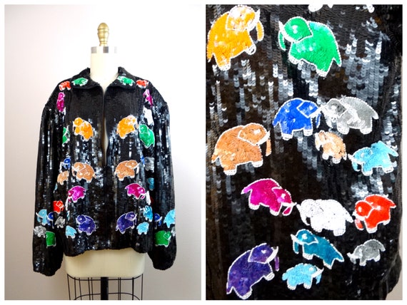 Elephant Lover Sequin Coat / 80s Wearable Art Seq… - image 1