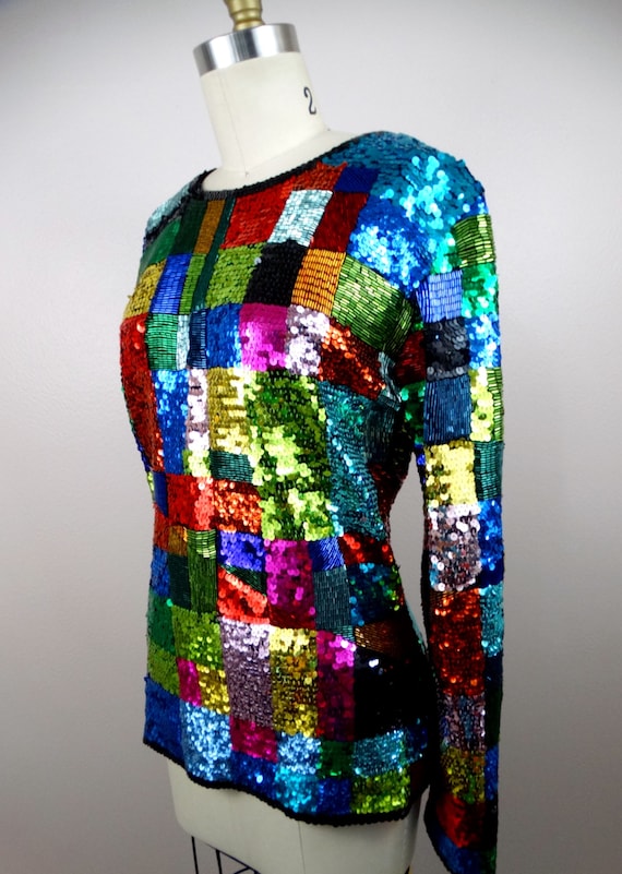 Retro Rainbow Sequin Top / Colorful Colorblock Be… - image 2