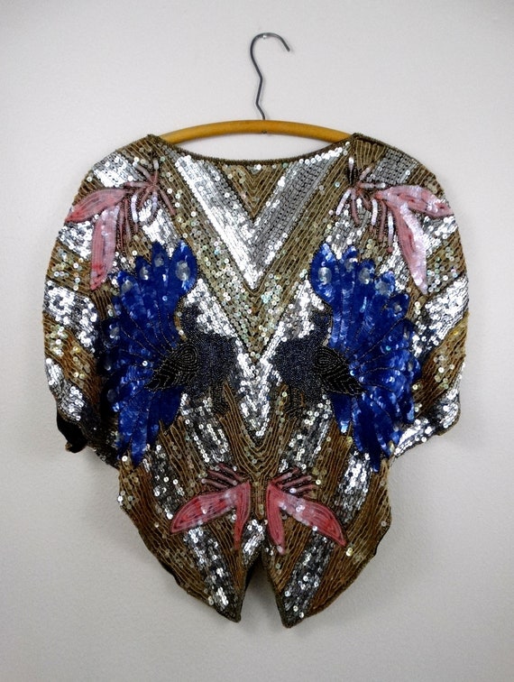 VTG Butterfly Sequined Blouse // Art Deco Peacock… - image 3