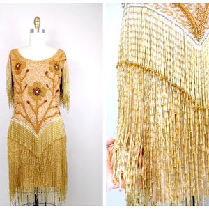 HEAVY Fringe Beaded Mini Dress // Glam Gold Haute Couture Hand Beaded Dress // Heavily Embellished Vintage Salsa Ballroom Dress