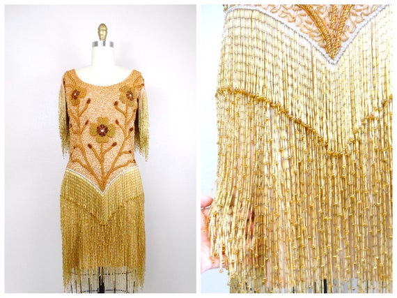 HEAVY Fringe Beaded Mini Dress // Glam Gold Haute… - image 1