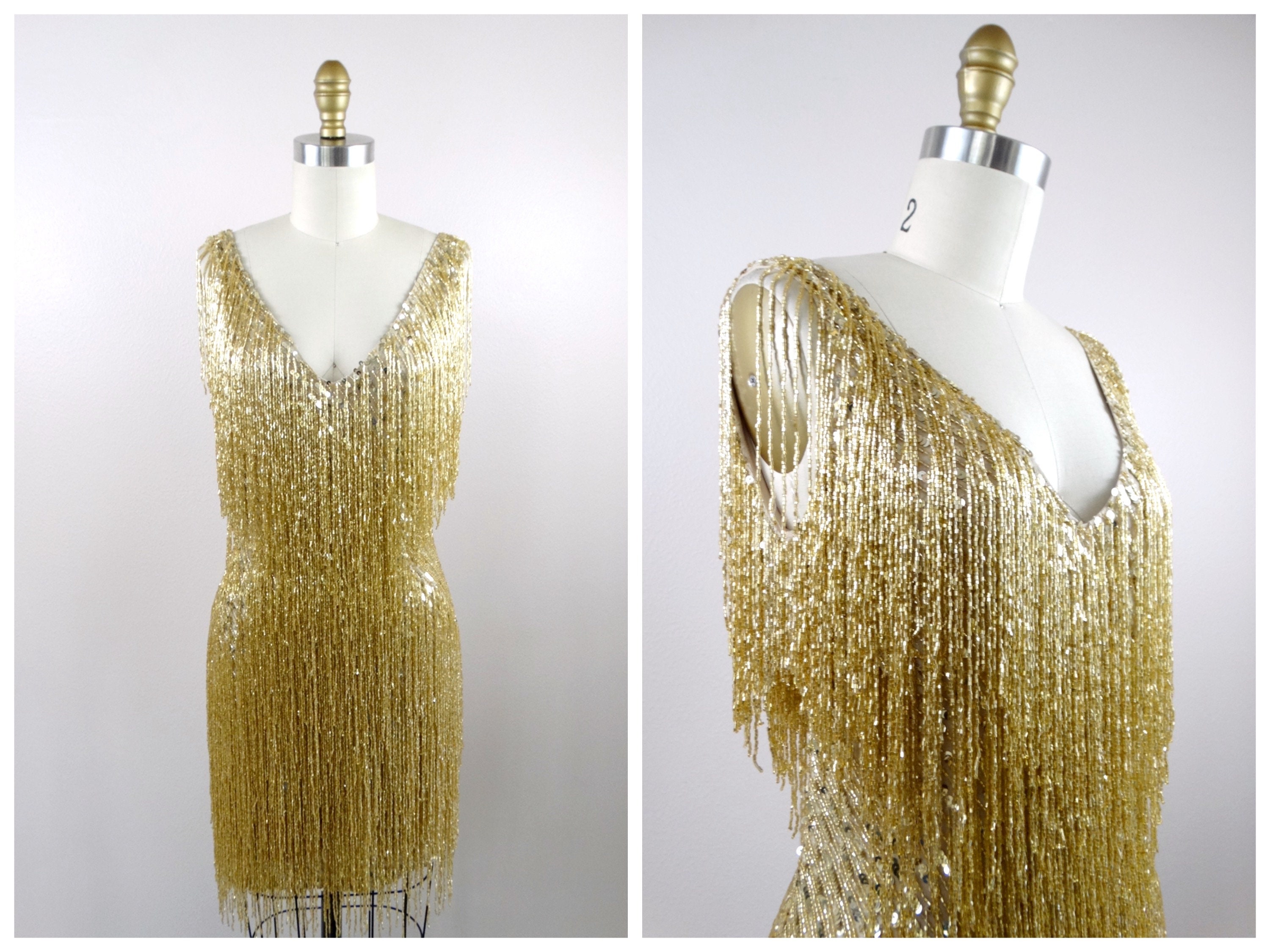 All Over Fringe Beaded Sequin Dress Fringed Gatsby Flapper Dress Gold Embellished Mini Dress Couture Beaded Fringe Dress Etsy