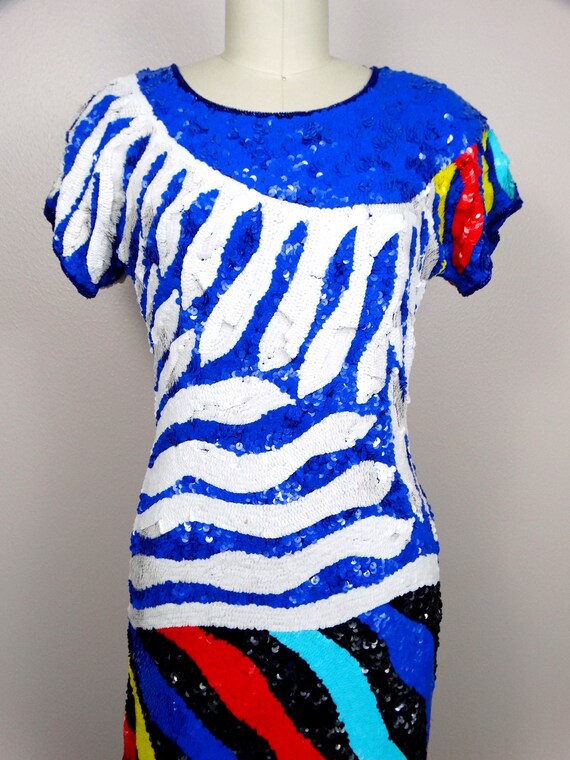 S/M Funky Sequin Dress / Neon Blue Red Yellow and… - image 2