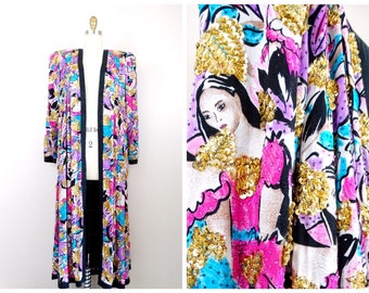 COUTURE Sequin Duster / Pink Blue & Gold Beaded Overcoat / Novelty Embellished Robe