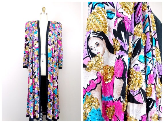 COUTURE Glam Sequined Duster / Pink Blue & Gold S… - image 1