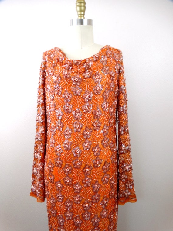 60s Orange Lace Pink Sequined Beaded Gown / 1960'… - image 3