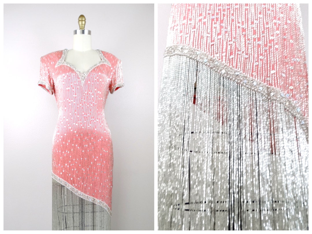 RIAZEE Glass Beaded Fringe Dress // Salmon Pink Beaded - Etsy