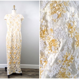 60s Lame Gold Lace Beaded Gown / Iridescent Yellow Sequin Wedding Dress