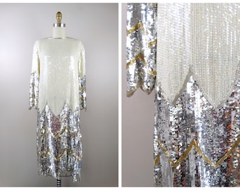 Ivory Sequined Silver and Gold Beaded Dress // Iridescent Sequin Vintage Flapper Dress