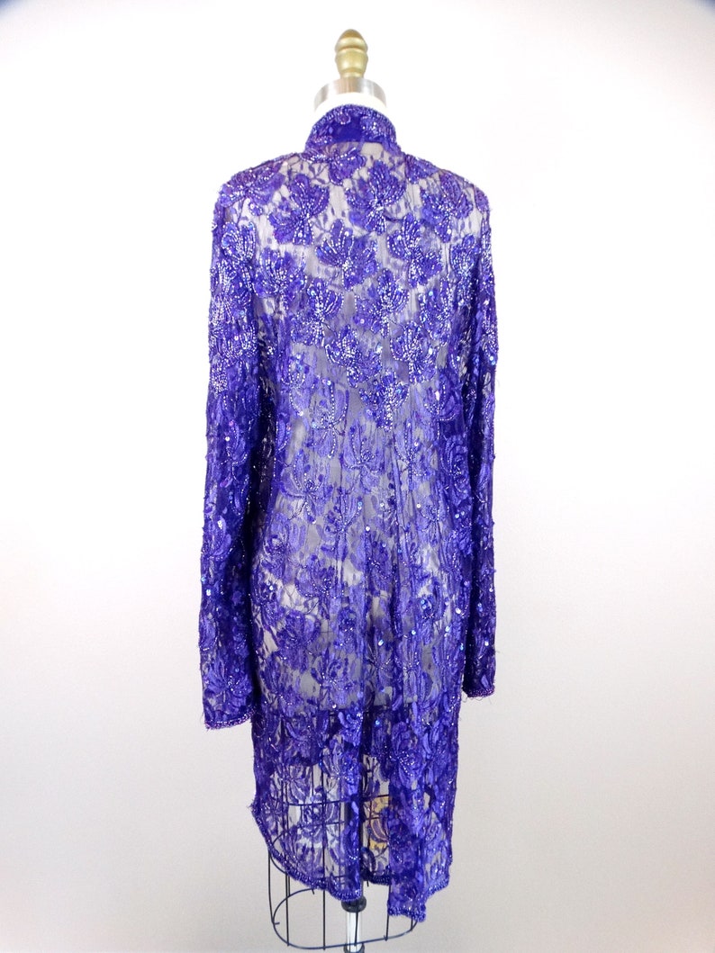 XL Purple Lace Sequined Beaded Long Jacket Boho Embellished Sheer Duster Purple Beaded Sequin Evening Overcoat