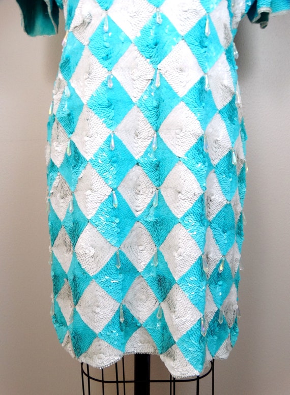 RARE Arctic Sequin Dress • Aqua Neon Blue and Whi… - image 4